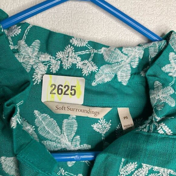 SOFT SURROUNDINGS Green‎ Embroidered Roll Tab Sleeve Tunic Linen  Blouse Sz PS - Picture 6 of 11